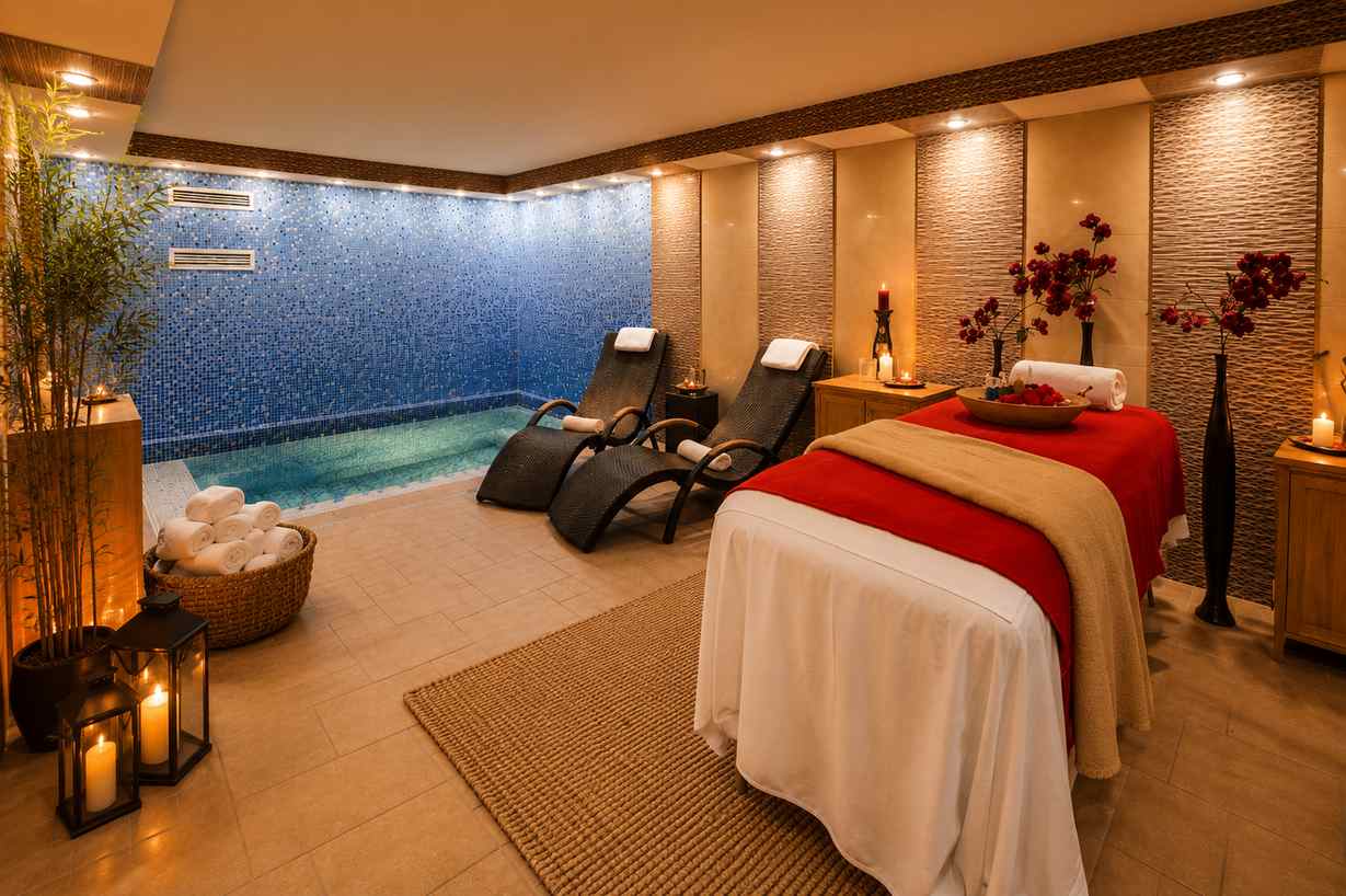 Indoor spa and pool area with massage beds at Palanga Park Hotel